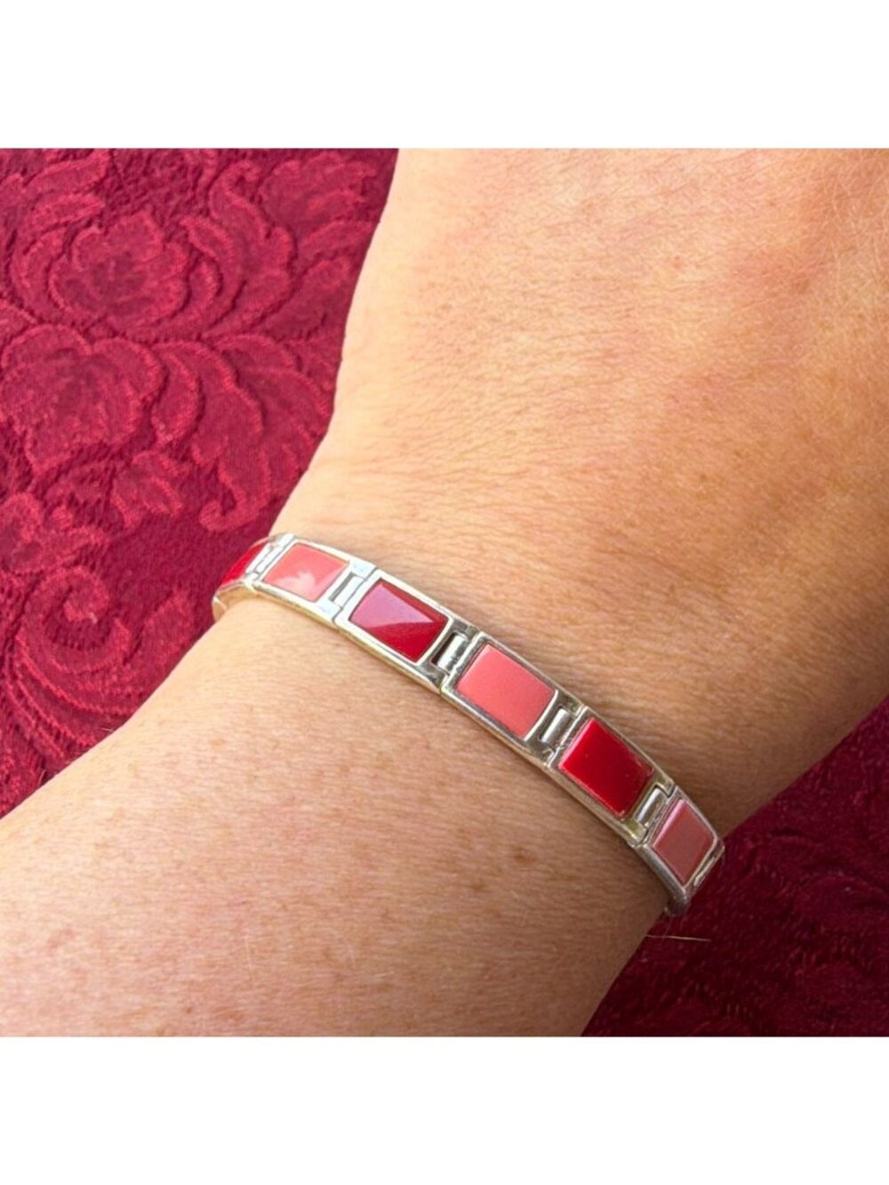 Vintage 925 Sterling Silver Dyed Bamboo Coral Tile Link Bracelet Inlay Red Pink